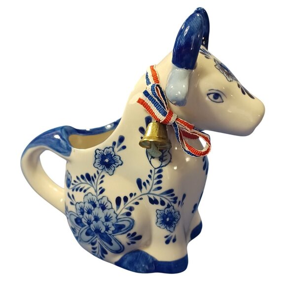 Vtg Hand-Painted Delft Blue Dutch Cow Creamer Pitcher W/ Windmill Floral Design - Picture 2 of 13